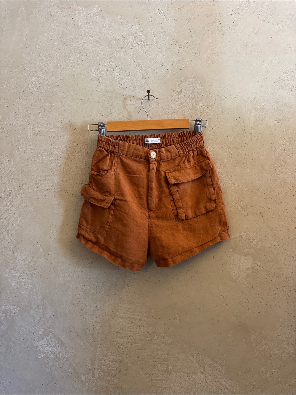 Kids Zara size 13/14 EUC terracotta Linen Cargo Shorts with elastic waist jorts